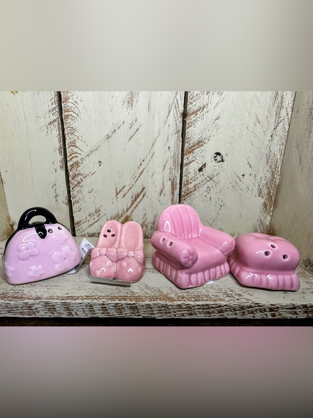 Cracker Barrel Pink Ceramic Chair & Purse Salt Pepper Shaker Set